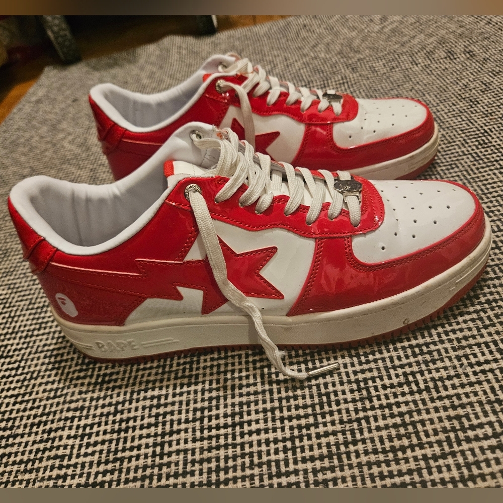 BAPE sneakers, red & white patent leather. Men's size 12.